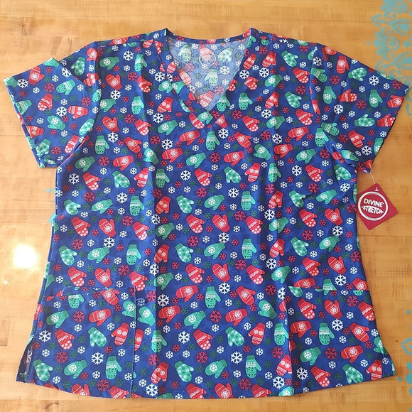 Women's Size 2X Short Sleeve Scrub Snow Mittens Gloves Christmas Pattern Blue - Picture 1 of 4